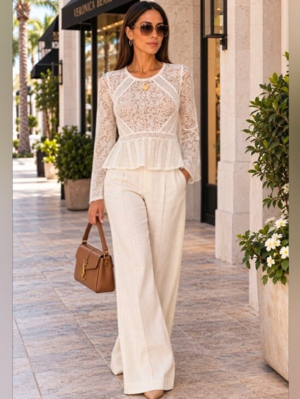 BCBGMAXAZRIA Capri White Geometric Lace Peplum Top/Blouse
